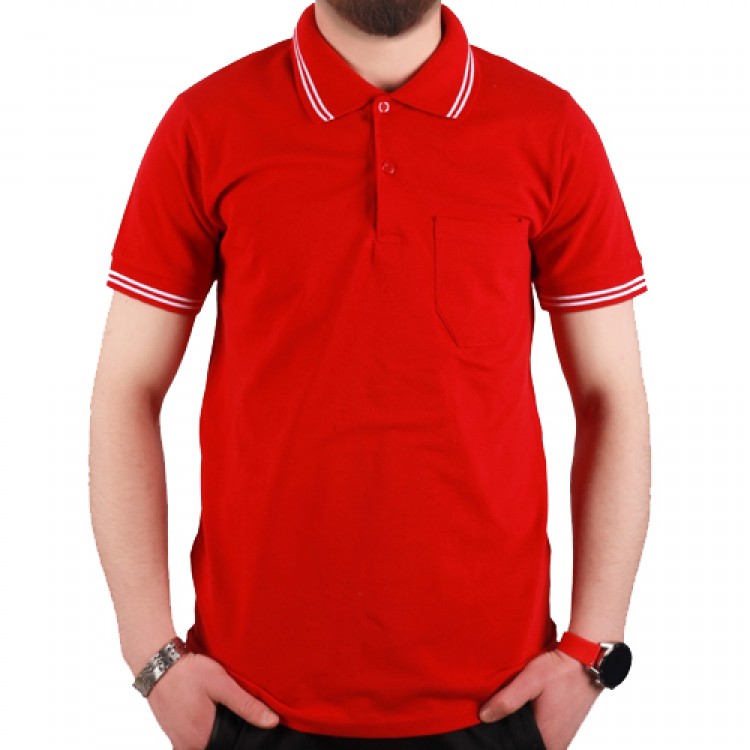 Polo Yaka Tişört (Lacoste Tişört) Kol Bantli Cizgili Kırmızı