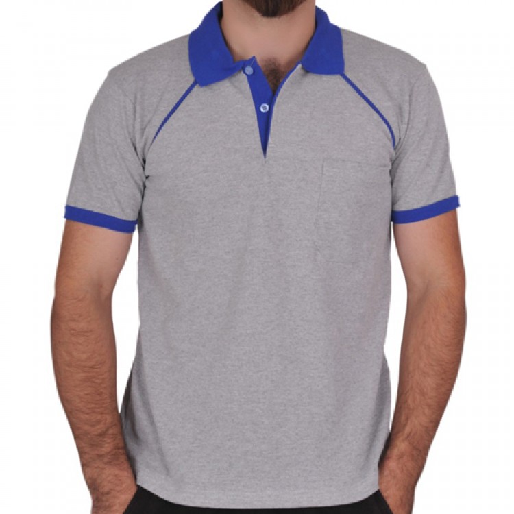 Polo Yaka Tişört (Lacoste Tişört) Modelli Kol Bantlı Gri - Saksmavi
