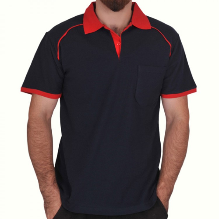 Polo Yaka Tişört (Lacoste Tişört) Modelli Kol Bantlı Lacivert - Kırmızı